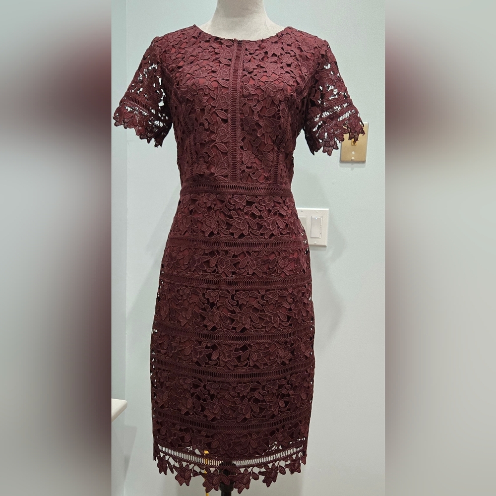 RSVP by Talbots wine burgundy lace short sleeve shift dress sz 4